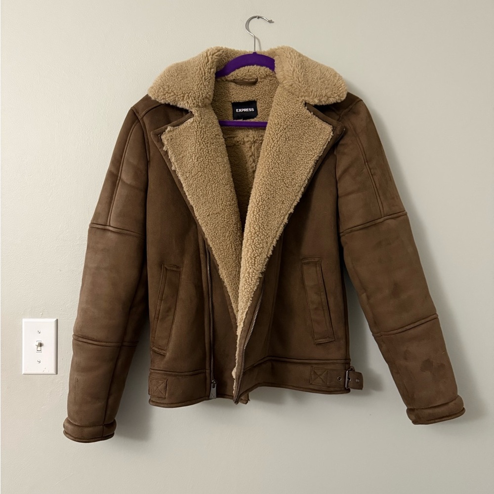 Express Brown Faux Suede Sherpa-Lined Aviator Jacket